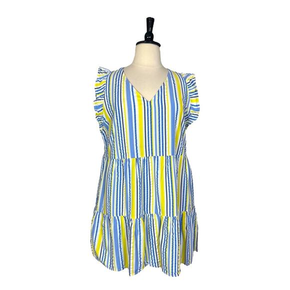 Time and Tru Dress V-neck Ruffle Sleeve Yellow Blue Stripe Women’s Size XXL - Picture 1 of 11